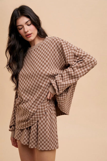 Sansplay Luxe Two-Piece Checkered Round Neck Top and Drawstring Shorts Set