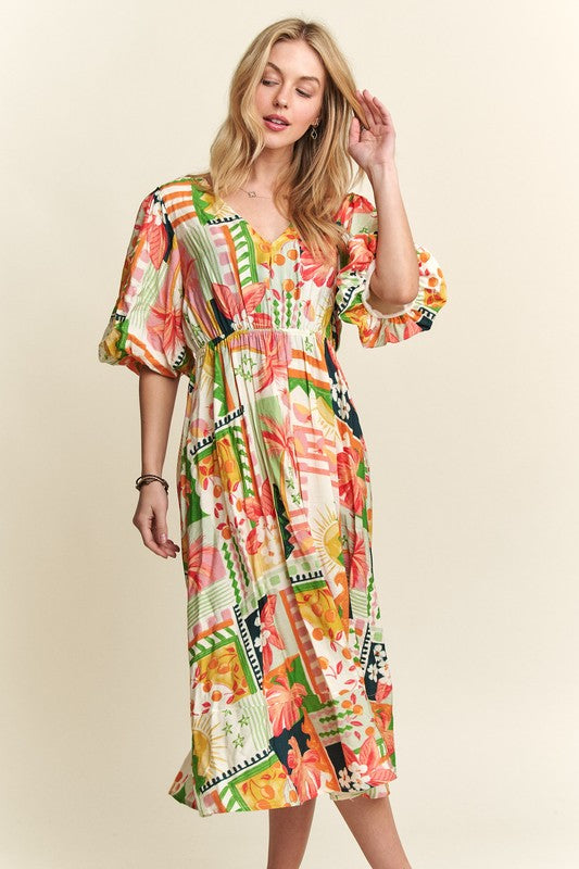 Enchanted Eve Floral V-Neck Puff Sleeve Midi Dress